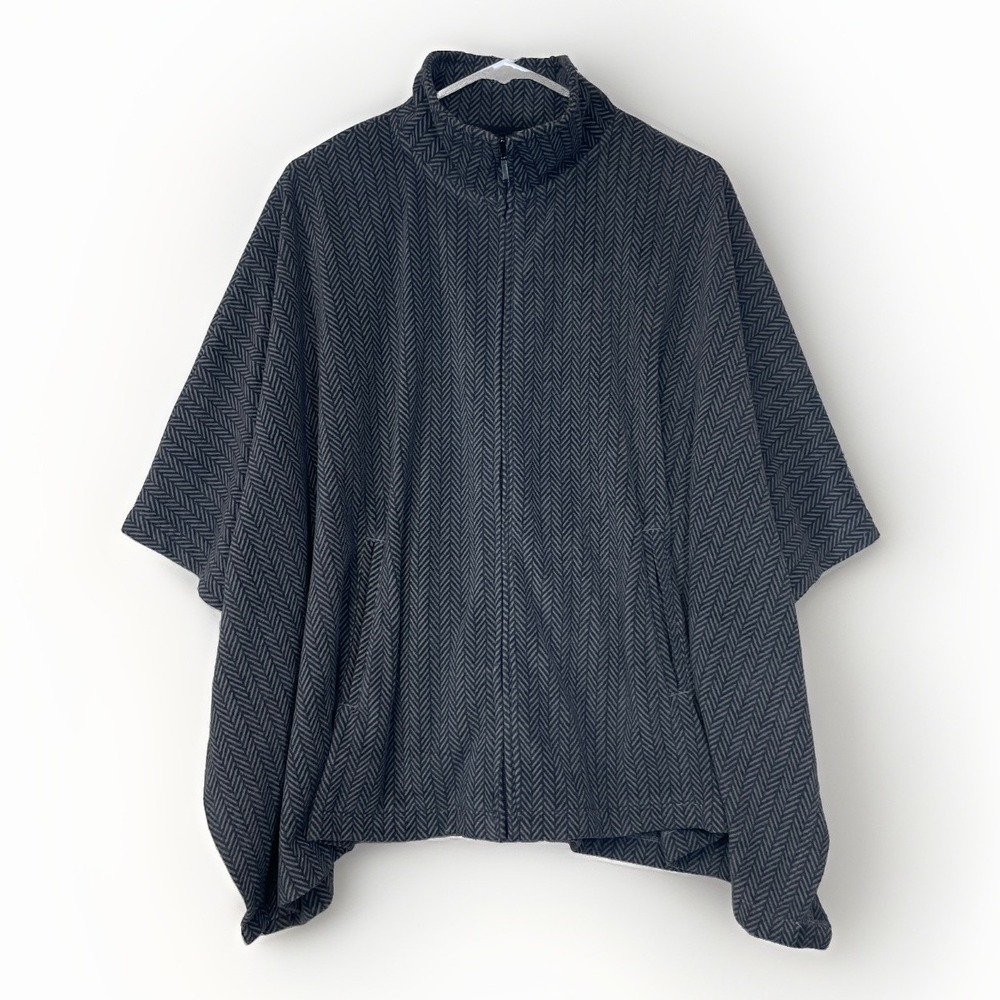 LL Bean Womens M Fleece Full Zip Poncho Shawl Jacket Gray Herringbone Batwing